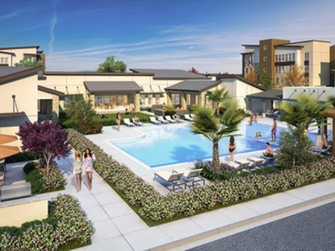 Artist's rendering of apartment buildings and pool