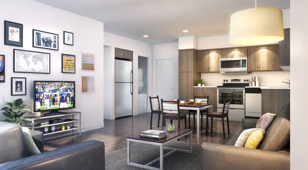 Artist's rendering of apartment living area and kitchen