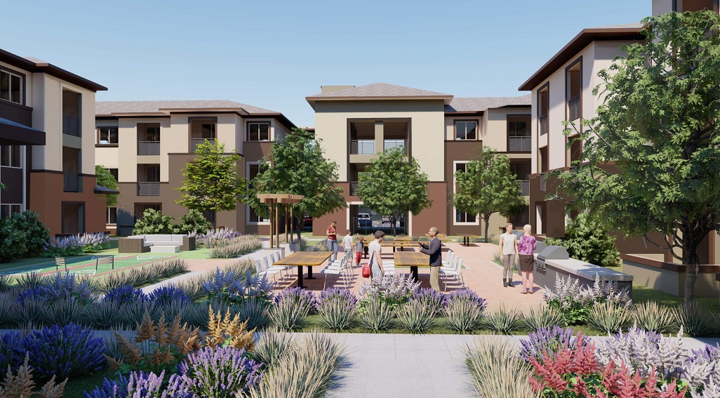 Artist's rendering of apartment building and patio area