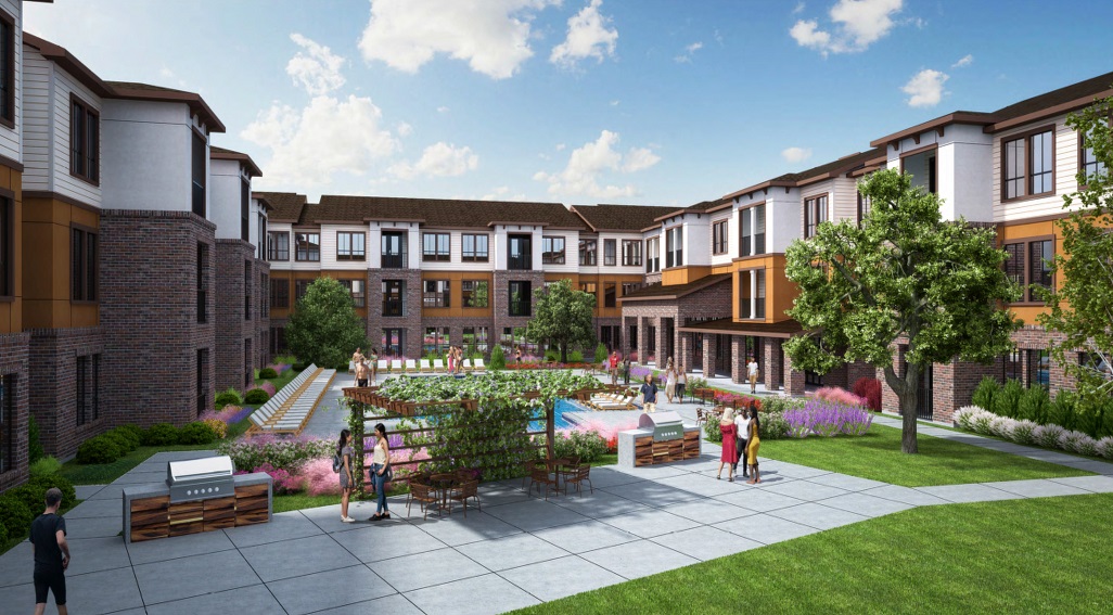 Artist's rendering of Richcrest apartments pool and courtyard area