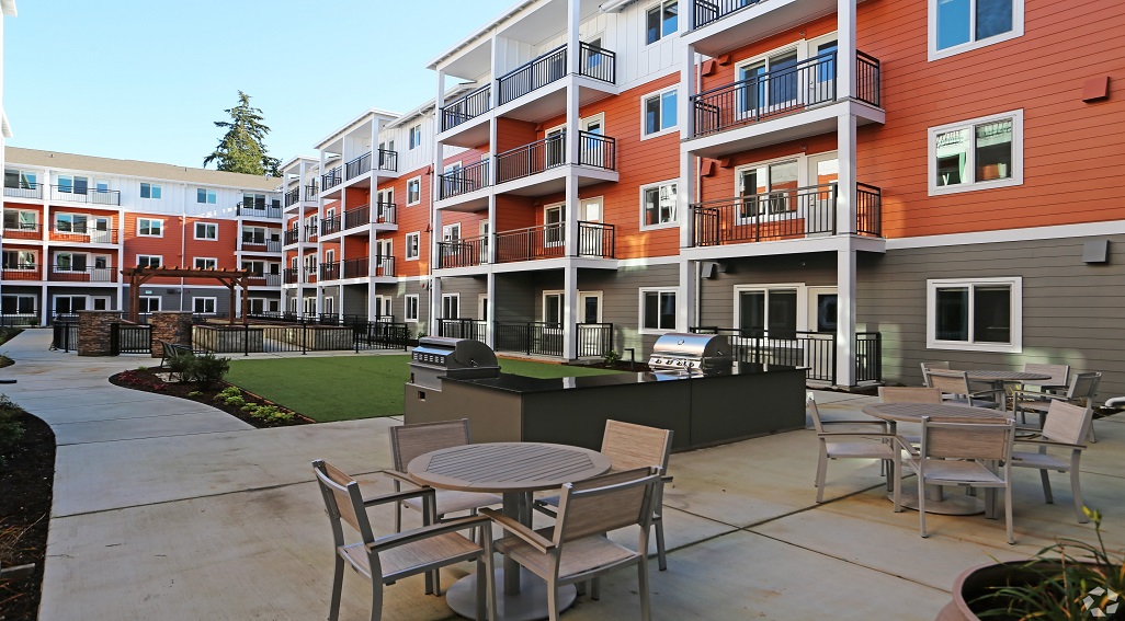 View of patio and courtyard at Cedar Pointe