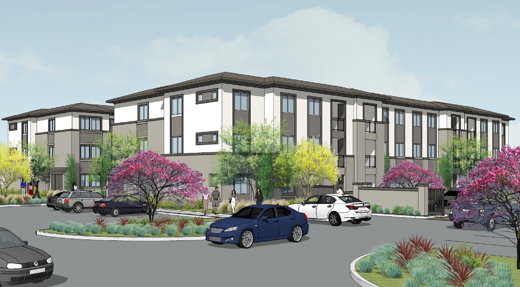 Antioch apartments three-story artist's depiction. View shows the building with a driveway in the foreground and cars parked.