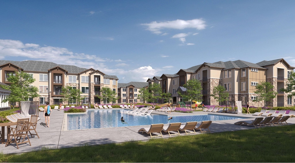 Artist's rendering of Meadow apartments with view of pool and buildings