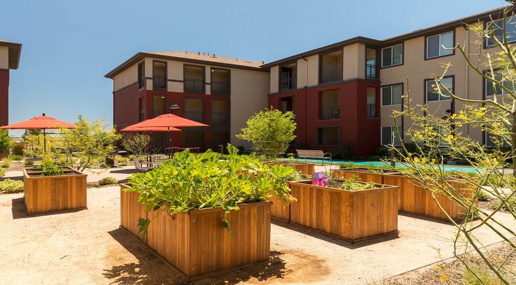 Antioch Apartments view with garden boxes